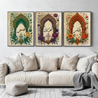 Set of 3 framed canvas triptych with Sabr, Tawakkul and Shukr in Arabic calligraphy inside green, purple and terracotta Mughal arches surrounded by intricate botanical florals on a cream parchment background.