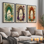 Set of 3 framed canvas triptych with Sabr, Tawakkul and Shukr in Arabic calligraphy inside green, purple and terracotta Mughal arches surrounded by intricate botanical florals on a cream parchment background.
