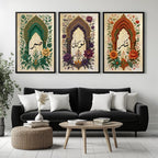 Set of 3 framed canvas triptych with Sabr, Tawakkul and Shukr in Arabic calligraphy inside green, purple and terracotta Mughal arches surrounded by intricate botanical florals on a cream parchment background.