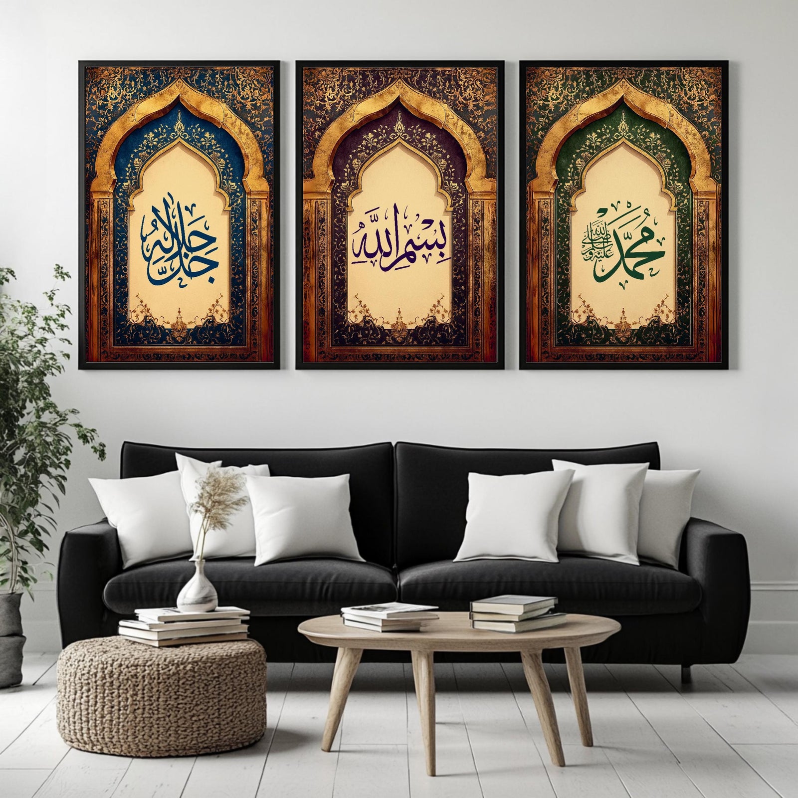 Set of 3 framed canvas triptych featuring Allah, Bismillah and Muhammad in Arabic calligraphy inside ornate gold Islamic arches on rich blue, purple and green jewel tone backgrounds, displayed above a neutral sofa.