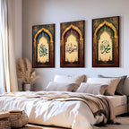 Set of 3 framed canvas triptych featuring Allah, Bismillah and Muhammad in Arabic calligraphy inside ornate gold Islamic arches on rich blue, purple and green jewel tone backgrounds, displayed above a neutral sofa.
