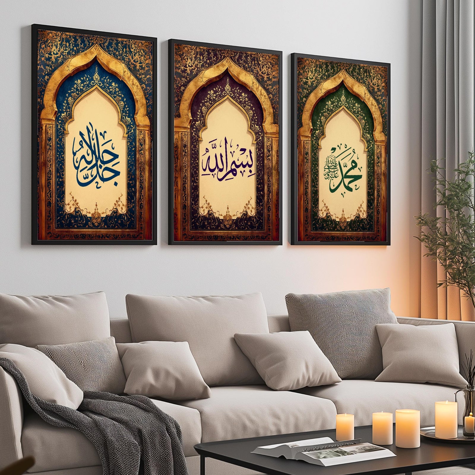 Set of 3 framed canvas triptych featuring Allah, Bismillah and Muhammad in Arabic calligraphy inside ornate gold Islamic arches on rich blue, purple and green jewel tone backgrounds, displayed above a neutral sofa.