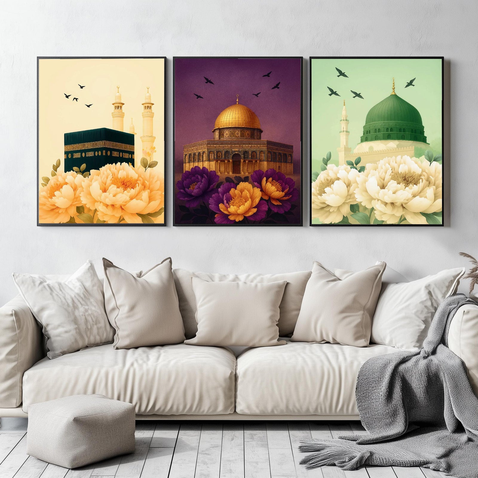 Set of 3 framed canvas triptych showing the Kaaba, Dome of the Rock and Al-Masjid An-Nabawi with oversized peony flowers and birds in flight, each panel on a distinct yellow, purple and green background.