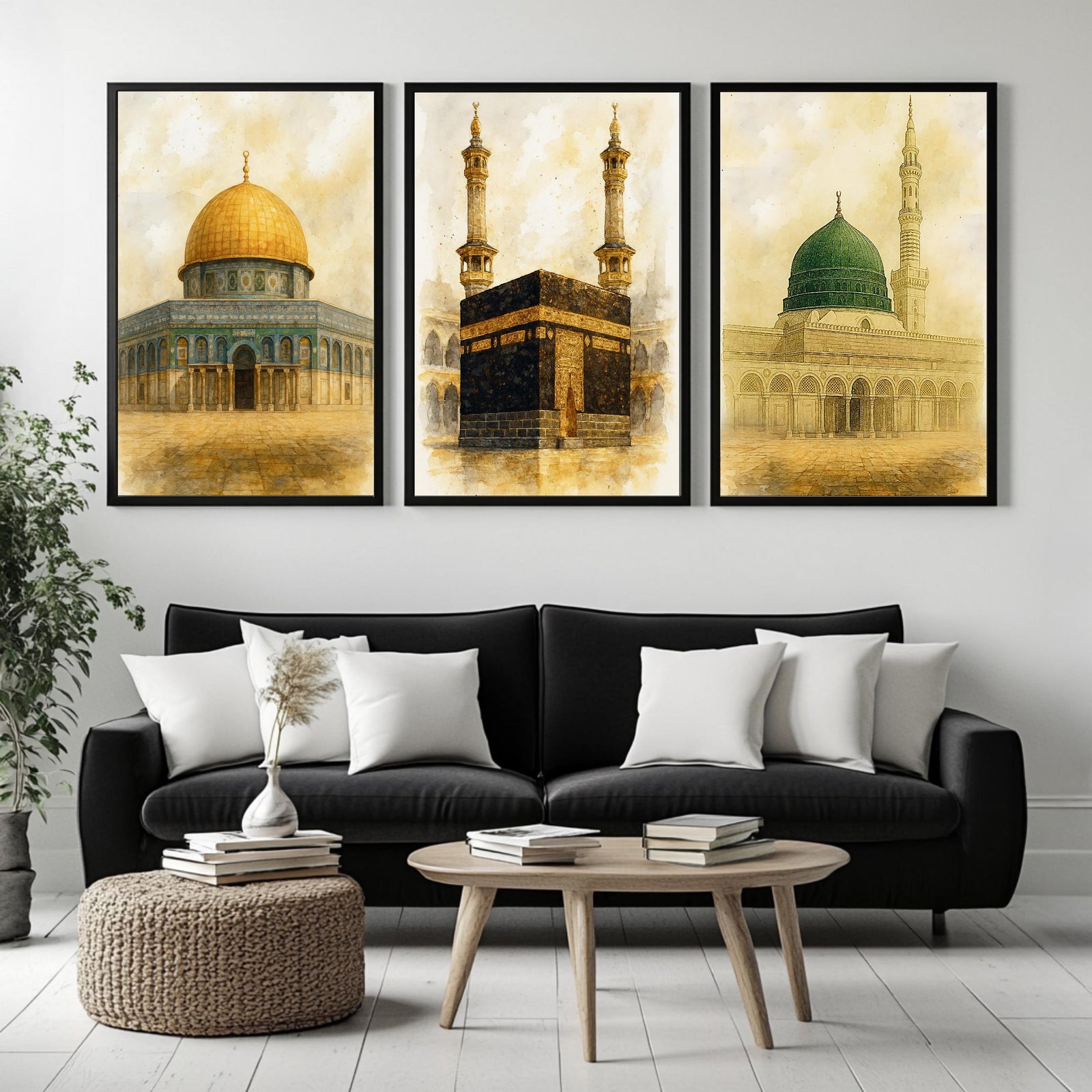 Set of 3 framed canvas triptych depicting the Dome of the Rock, the Kaaba and Al-Masjid An-Nabawi in a soft antique sepia and gold manuscript style, displayed above a neutral sofa in a modern living room.