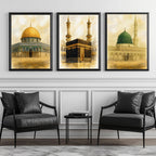 Set of 3 framed canvas triptych depicting the Dome of the Rock, the Kaaba and Al-Masjid An-Nabawi in a soft antique sepia and gold manuscript style, displayed above a neutral sofa in a modern living room.