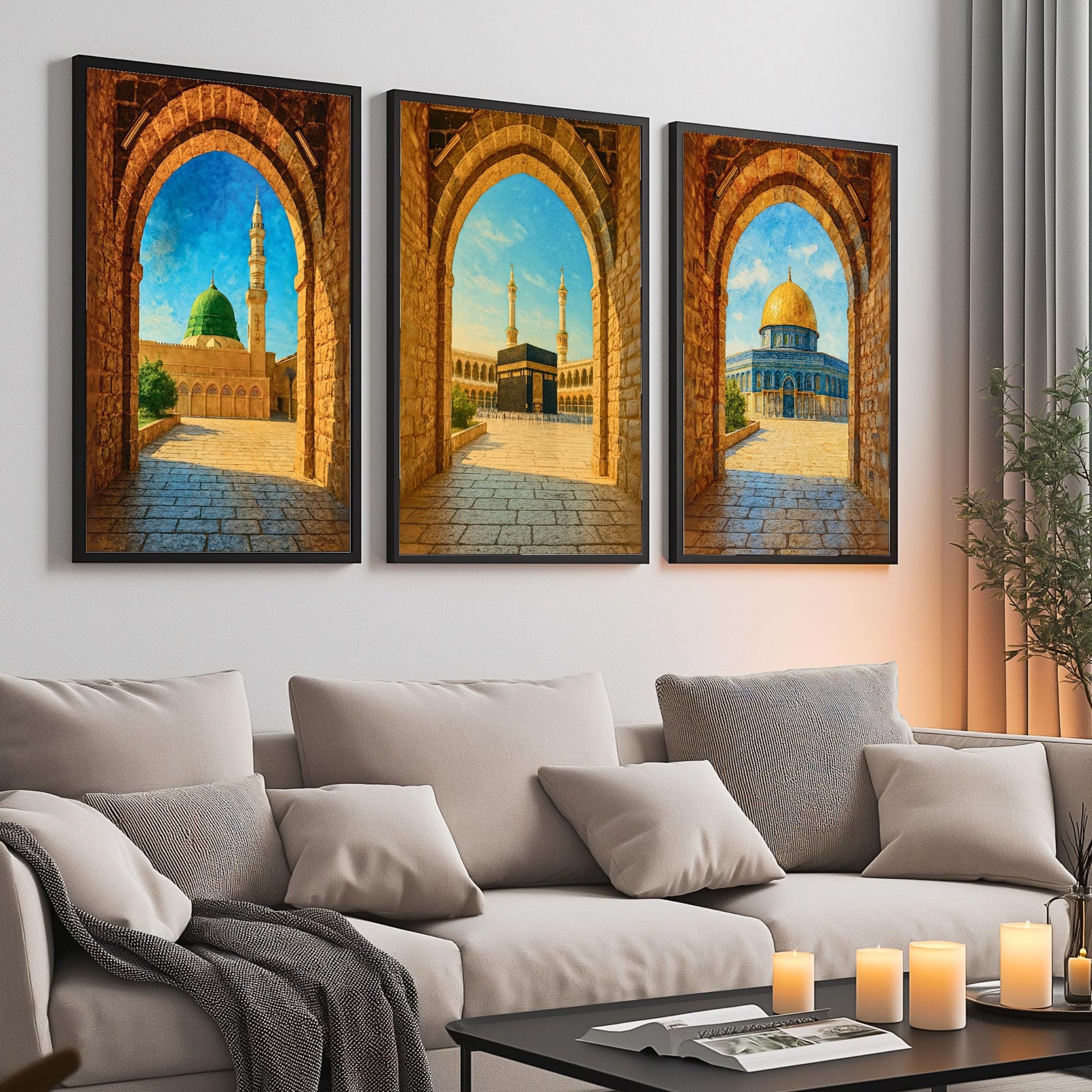 Set of 3 framed canvas triptych showing Al-Masjid An-Nabawi, the Kaaba and the Dome of the Rock viewed through realistic rustic sandstone arches with cobblestone courtyards under a bright blue sky, displayed above a neutral sofa.
