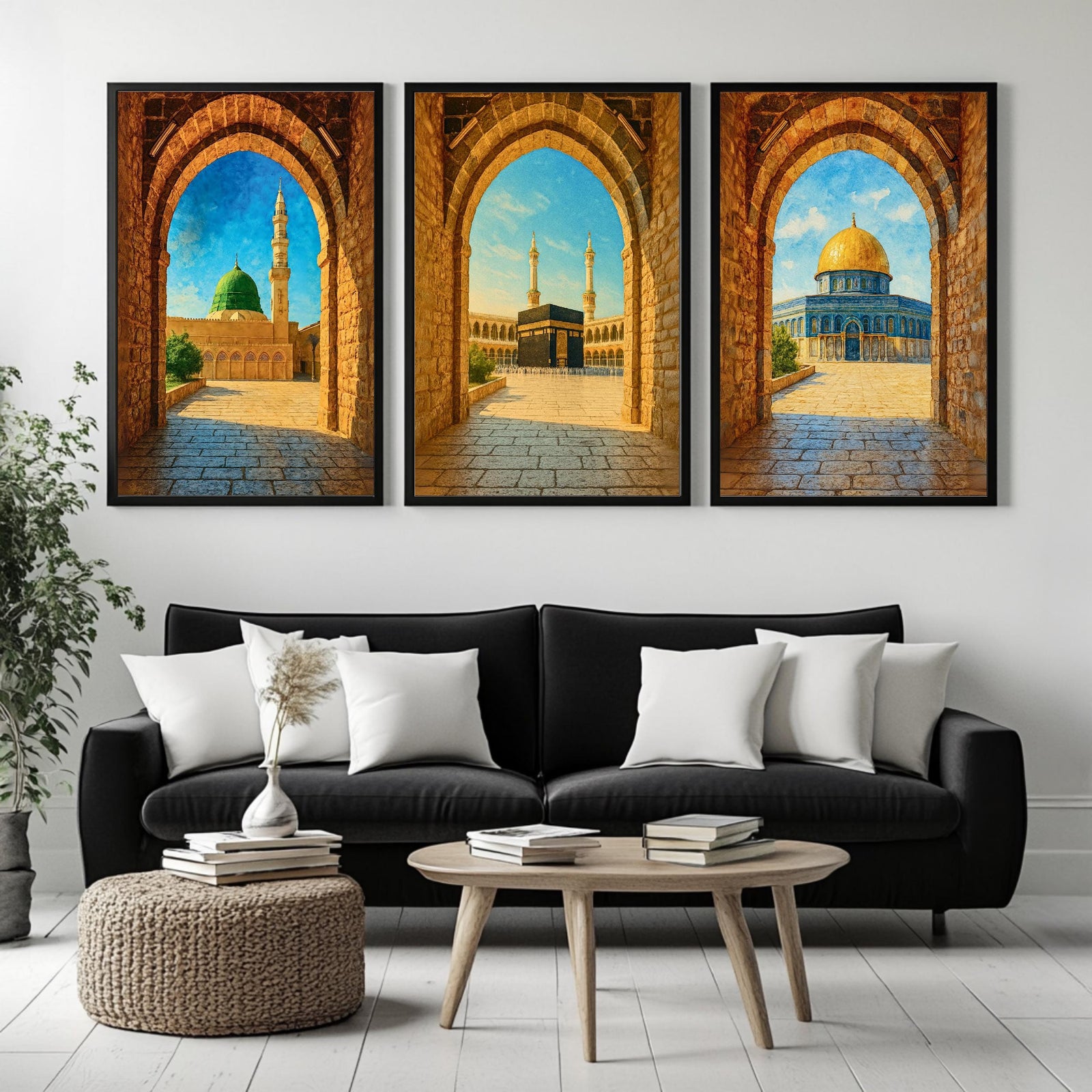 Set of 3 framed canvas triptych showing Al-Masjid An-Nabawi, the Kaaba and the Dome of the Rock viewed through realistic rustic sandstone arches with cobblestone courtyards under a bright blue sky, displayed above a neutral sofa.