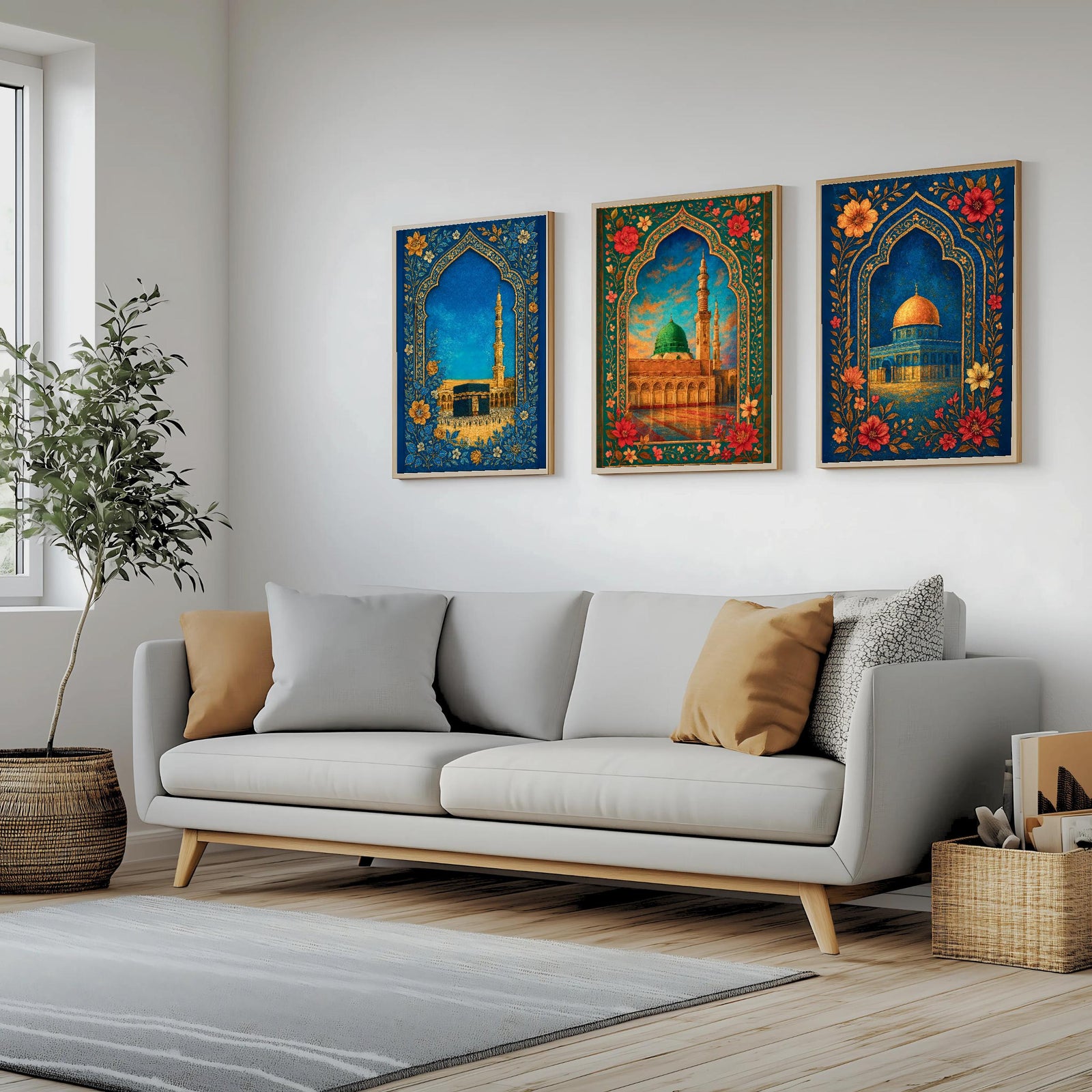 Set of 3 framed canvas triptych showing the Dome of the Rock, Al-Masjid An-Nabawi and Masjid Al-Haram inside ornate floral Islamic arches in rich blue and gold tones, displayed above a neutral sofa.