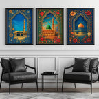Set of 3 framed canvas triptych showing the Dome of the Rock, Al-Masjid An-Nabawi and Masjid Al-Haram inside ornate floral Islamic arches in rich blue and gold tones, displayed above a neutral sofa.