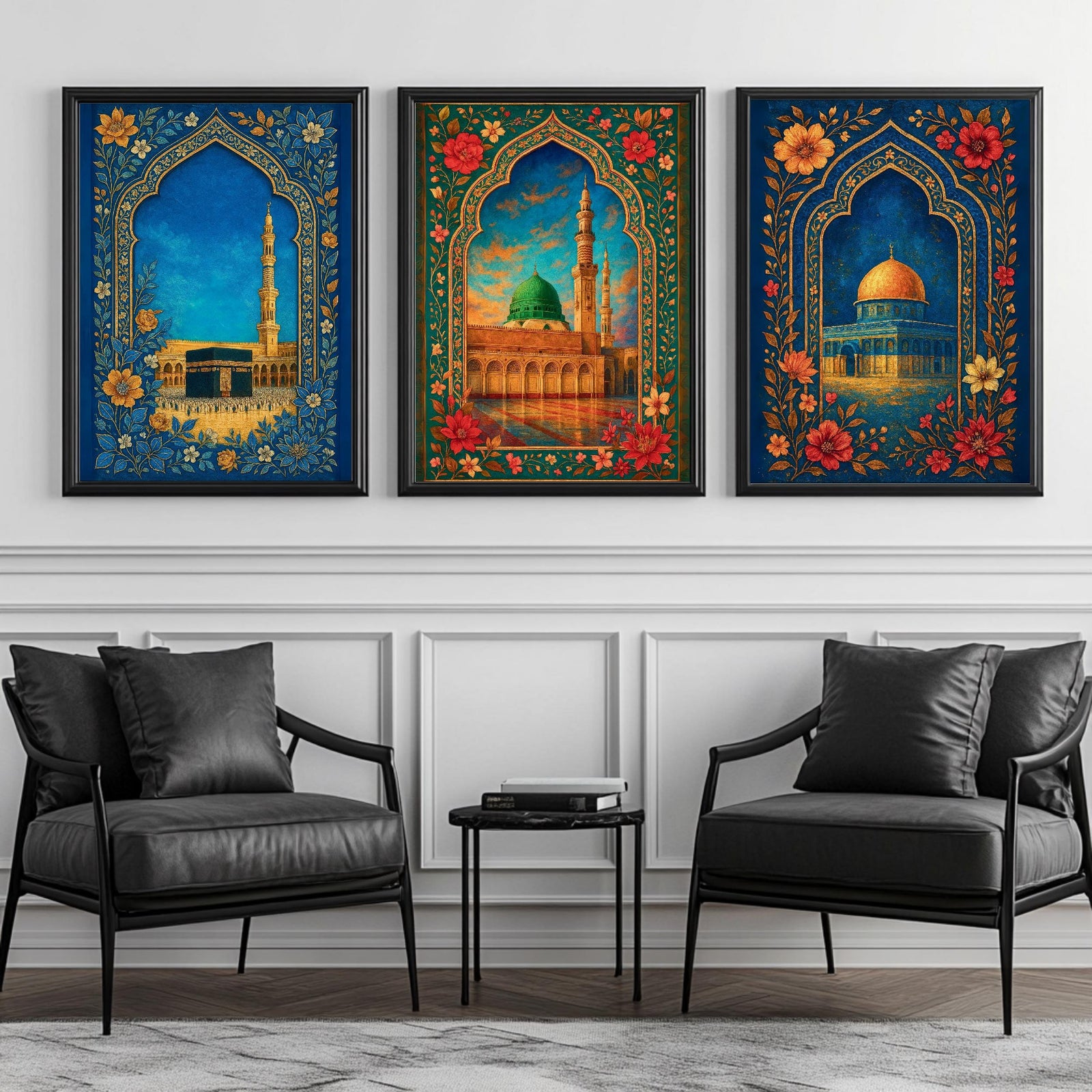 Set of 3 framed canvas triptych showing the Dome of the Rock, Al-Masjid An-Nabawi and Masjid Al-Haram inside ornate floral Islamic arches in rich blue and gold tones, displayed above a neutral sofa.
