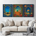 Set of 3 framed canvas triptych showing the Dome of the Rock, Al-Masjid An-Nabawi and Masjid Al-Haram inside ornate floral Islamic arches in rich blue and gold tones, displayed above a neutral sofa.