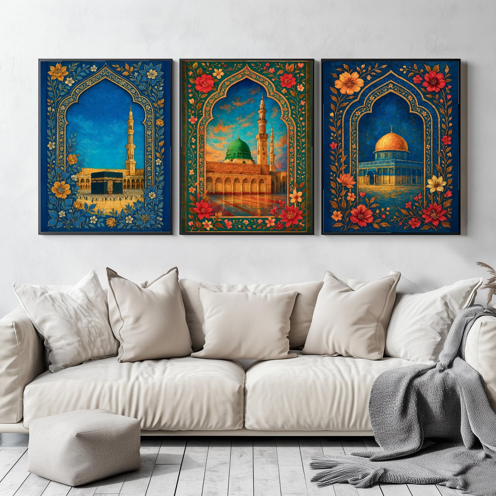 Set of 3 framed canvas triptych showing the Dome of the Rock, Al-Masjid An-Nabawi and Masjid Al-Haram inside ornate floral Islamic arches in rich blue and gold tones, displayed above a neutral sofa.