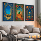 Set of 3 framed canvas triptych showing the Dome of the Rock, Al-Masjid An-Nabawi and Masjid Al-Haram inside ornate floral Islamic arches in rich blue and gold tones, displayed above a neutral sofa.