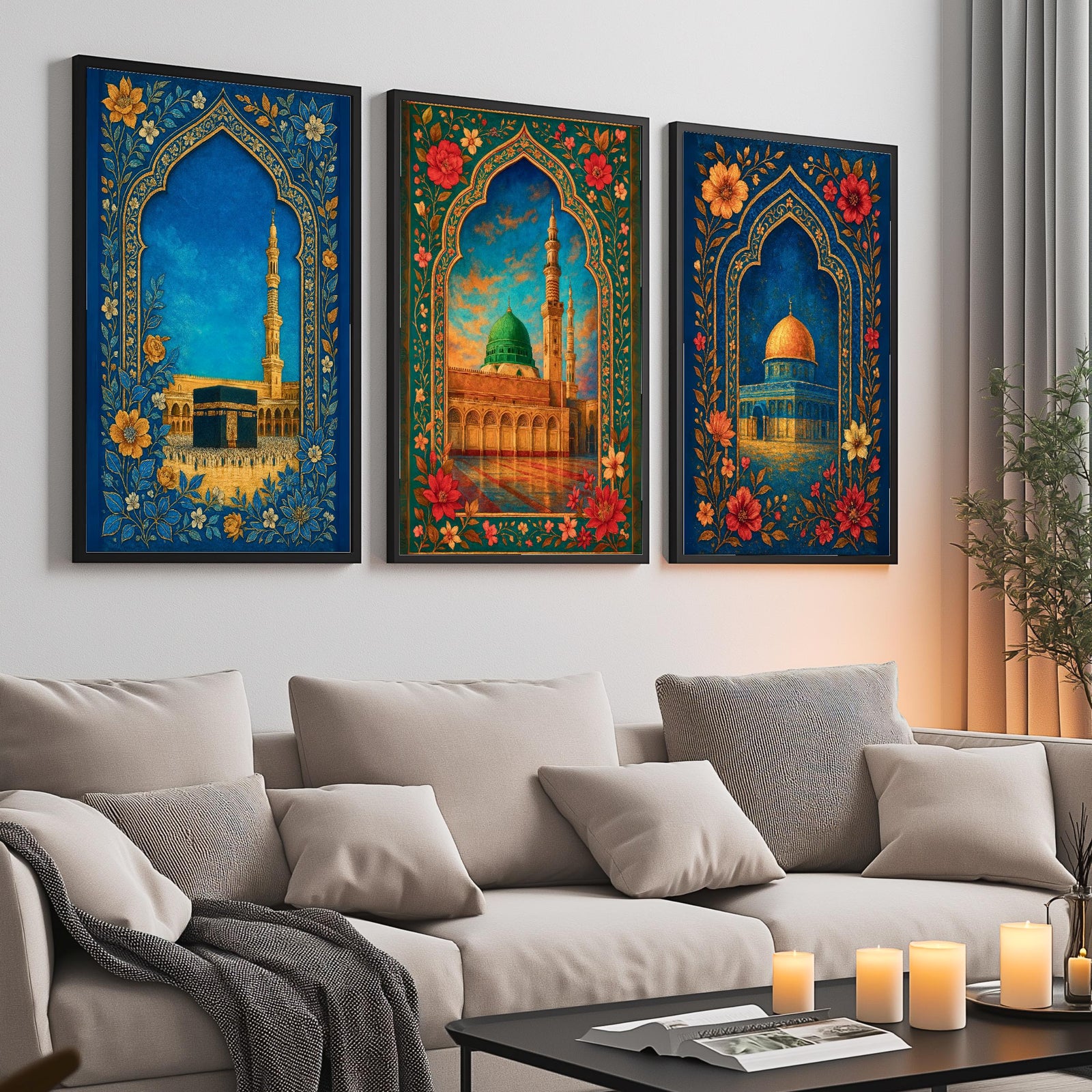 Set of 3 framed canvas triptych showing the Dome of the Rock, Al-Masjid An-Nabawi and Masjid Al-Haram inside ornate floral Islamic arches in rich blue and gold tones, displayed above a neutral sofa.