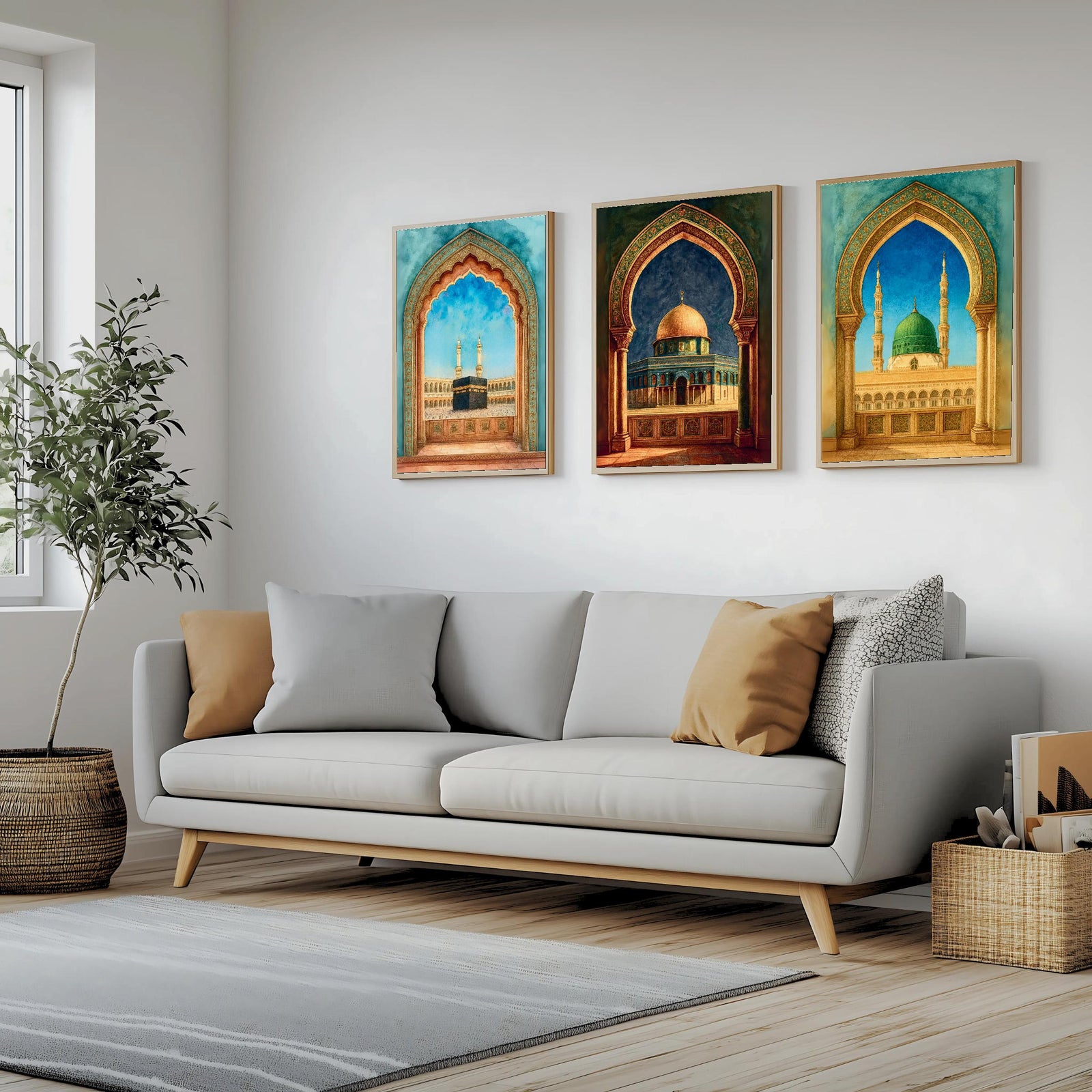 Set of 3 framed canvas triptych showing the Kaaba, Dome of the Rock and Al-Masjid An-Nabawi framed through ornate Islamic arches in rich watercolor teal, blue and gold tones, displayed above a neutral sofa.