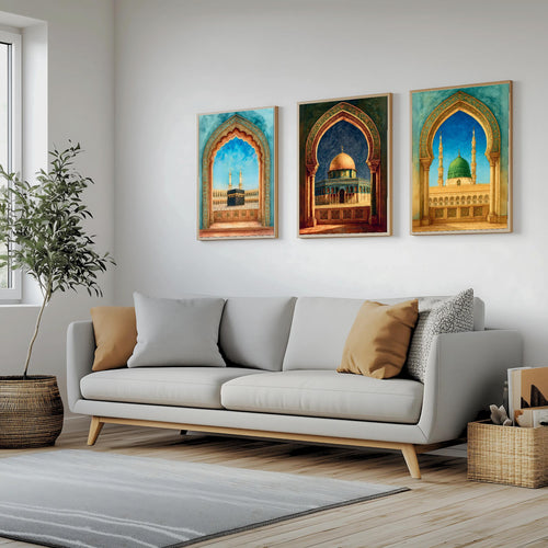 Set of 3 framed canvas triptych showing the Kaaba, Dome of the Rock and Al-Masjid An-Nabawi framed through ornate Islamic arches in rich watercolor teal, blue and gold tones, displayed above a neutral sofa.