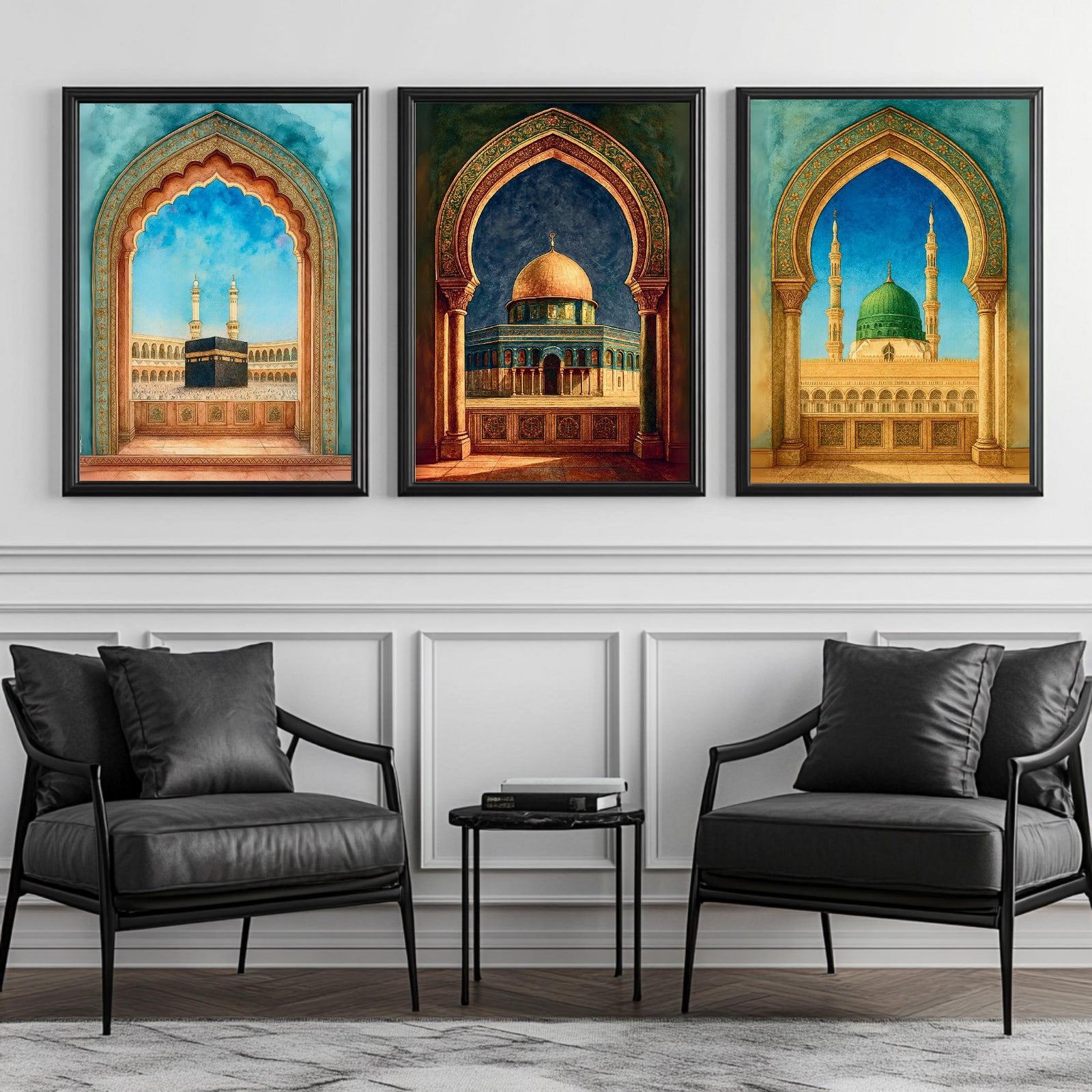 Set of 3 framed canvas triptych showing the Kaaba, Dome of the Rock and Al-Masjid An-Nabawi framed through ornate Islamic arches in rich watercolor teal, blue and gold tones, displayed above a neutral sofa.