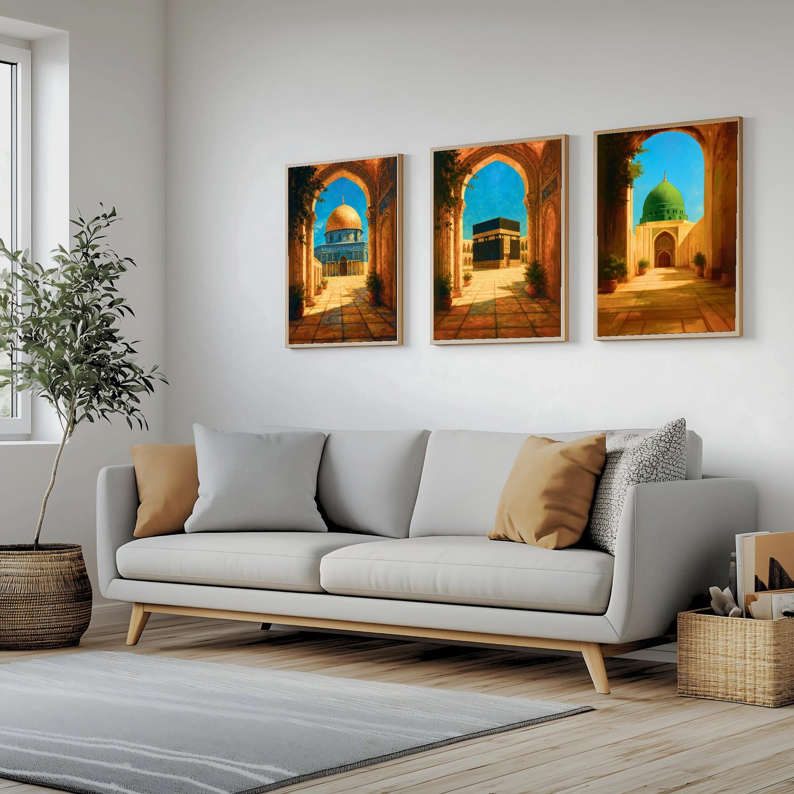 Set of 3 framed canvas triptych depicting the Dome of the Rock, the Kaaba and Al-Masjid An-Nabawi viewed through warm stone arches in a rich painterly style, displayed above a neutral sofa in a modern living room.