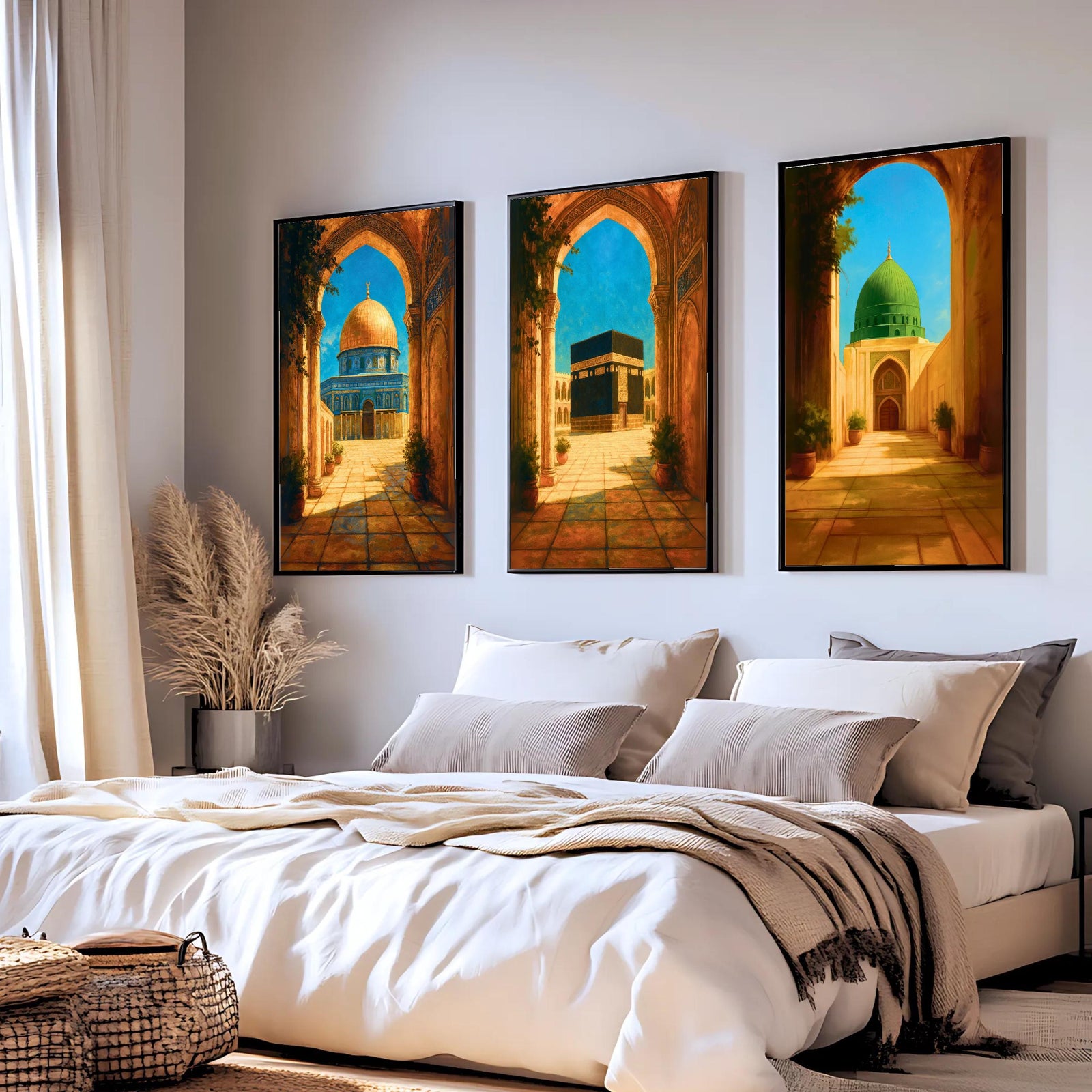 Set of 3 framed canvas triptych depicting the Dome of the Rock, the Kaaba and Al-Masjid An-Nabawi viewed through warm stone arches in a rich painterly style, displayed above a neutral sofa in a modern living room.