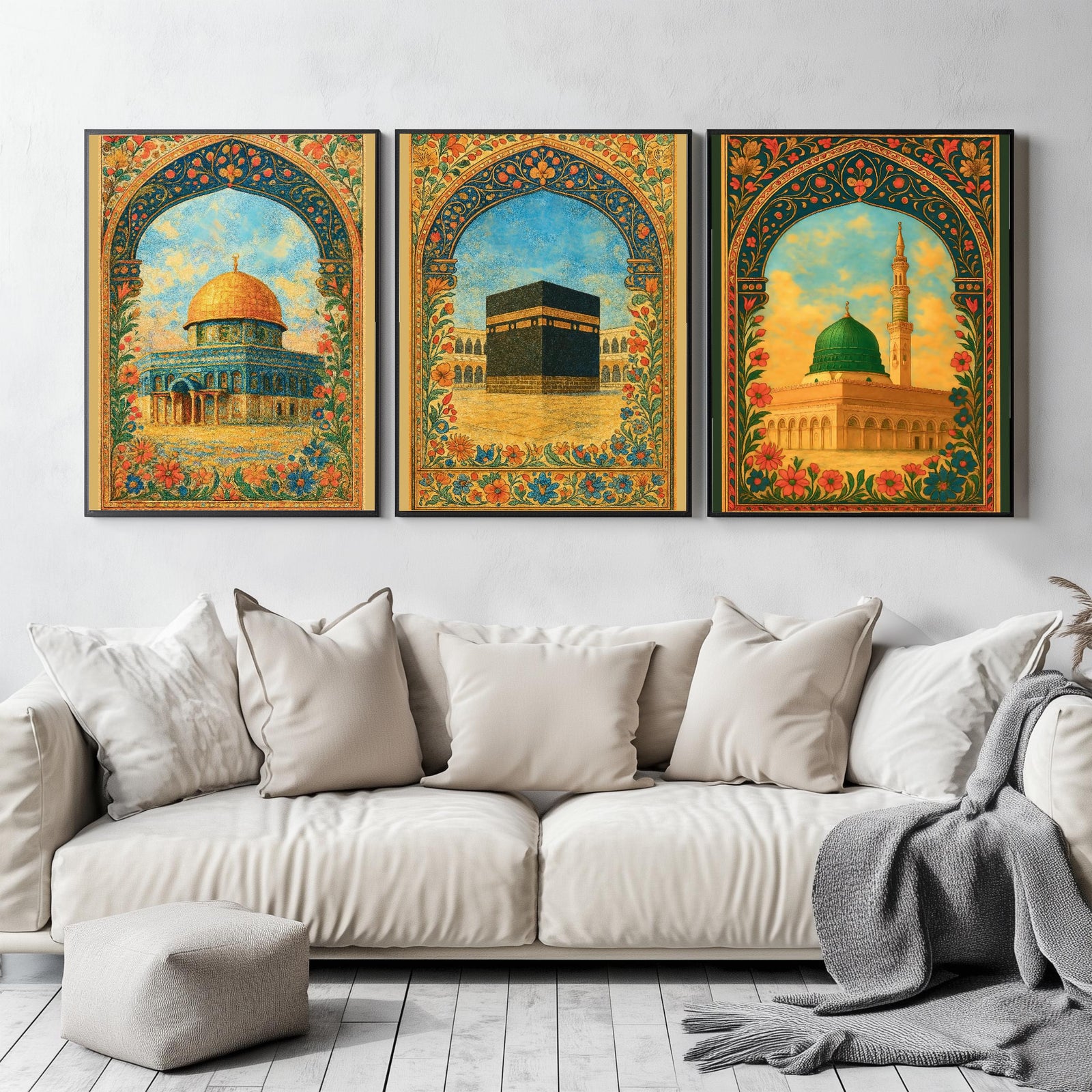Set of 3 framed canvas triptych depicting Al-Masjid An-Nabawi, the Kaaba and the Dome of the Rock in warm golden mosaic style with vibrant floral arch borders, displayed above a neutral sofa.