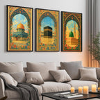 Set of 3 framed canvas triptych depicting Al-Masjid An-Nabawi, the Kaaba and the Dome of the Rock in warm golden mosaic style with vibrant floral arch borders, displayed above a neutral sofa.