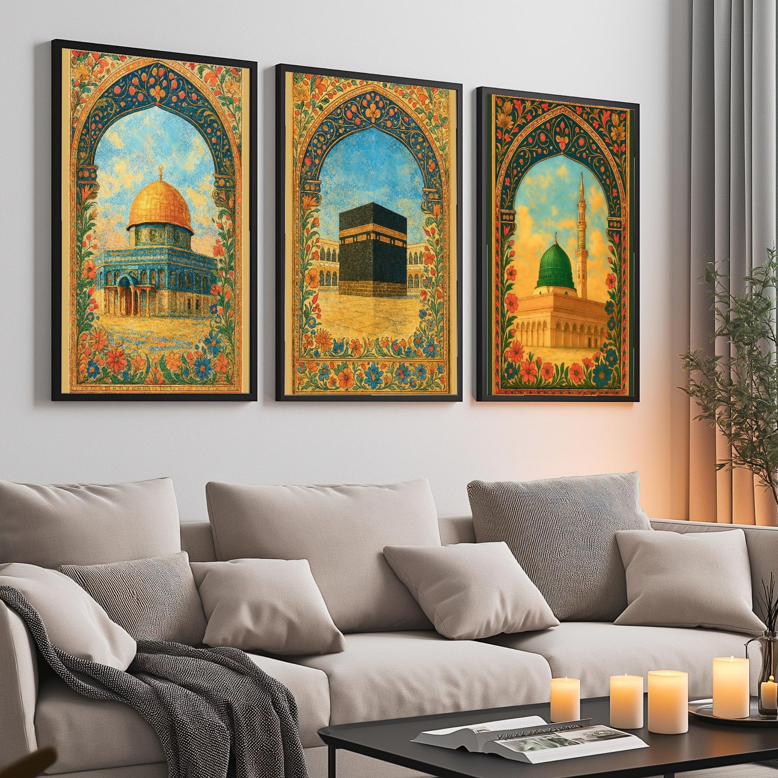 Set of 3 framed canvas triptych depicting Al-Masjid An-Nabawi, the Kaaba and the Dome of the Rock in warm golden mosaic style with vibrant floral arch borders, displayed above a neutral sofa.