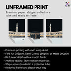 Set of 3 framed canvas triptych showing dramatic night views of Masjid Al-Haram with the Kaaba centered, glowing gold minarets and white marble courtyard against a deep black sky, displayed above a neutral sofa.