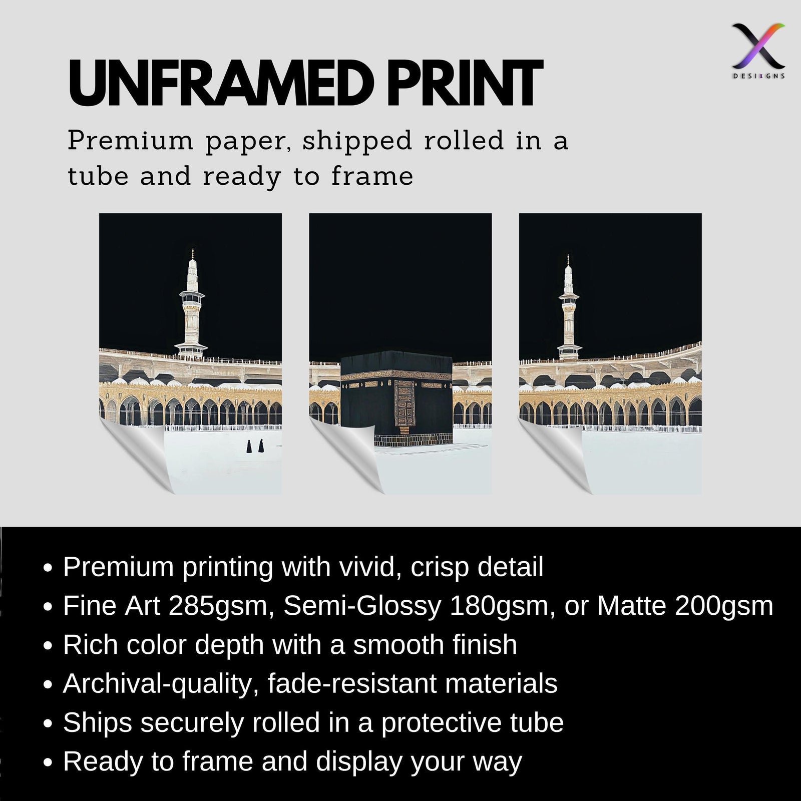 Set of 3 framed canvas triptych showing dramatic night views of Masjid Al-Haram with the Kaaba centered, glowing gold minarets and white marble courtyard against a deep black sky, displayed above a neutral sofa.
