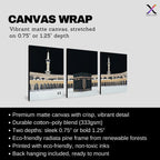Set of 3 framed canvas triptych showing dramatic night views of Masjid Al-Haram with the Kaaba centered, glowing gold minarets and white marble courtyard against a deep black sky, displayed above a neutral sofa.