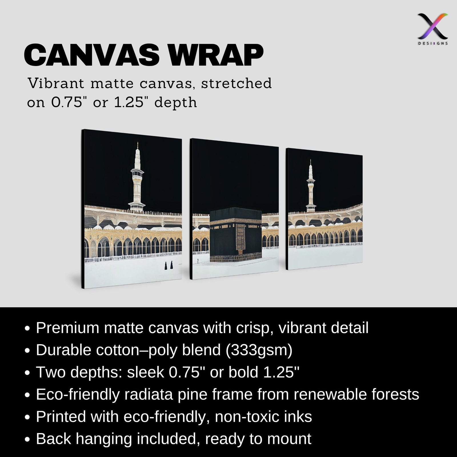 Set of 3 framed canvas triptych showing dramatic night views of Masjid Al-Haram with the Kaaba centered, glowing gold minarets and white marble courtyard against a deep black sky, displayed above a neutral sofa.