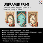 Set of 3 framed canvas triptych with Shukr, Sabr and Tawakkul in Arabic calligraphy inside gold, teal and vintage arches surrounded by lush red and orange Persian garden floral blooms, displayed above a neutral sofa.