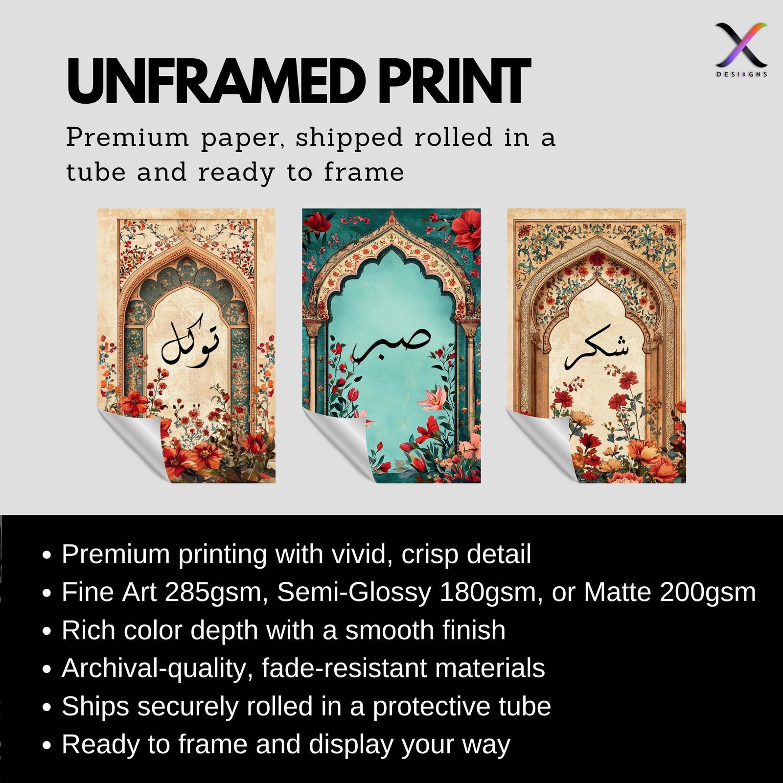 Set of 3 framed canvas triptych with Shukr, Sabr and Tawakkul in Arabic calligraphy inside gold, teal and vintage arches surrounded by lush red and orange Persian garden floral blooms, displayed above a neutral sofa.