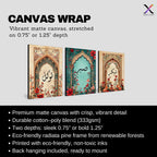 Set of 3 framed canvas triptych with Shukr, Sabr and Tawakkul in Arabic calligraphy inside gold, teal and vintage arches surrounded by lush red and orange Persian garden floral blooms, displayed above a neutral sofa.