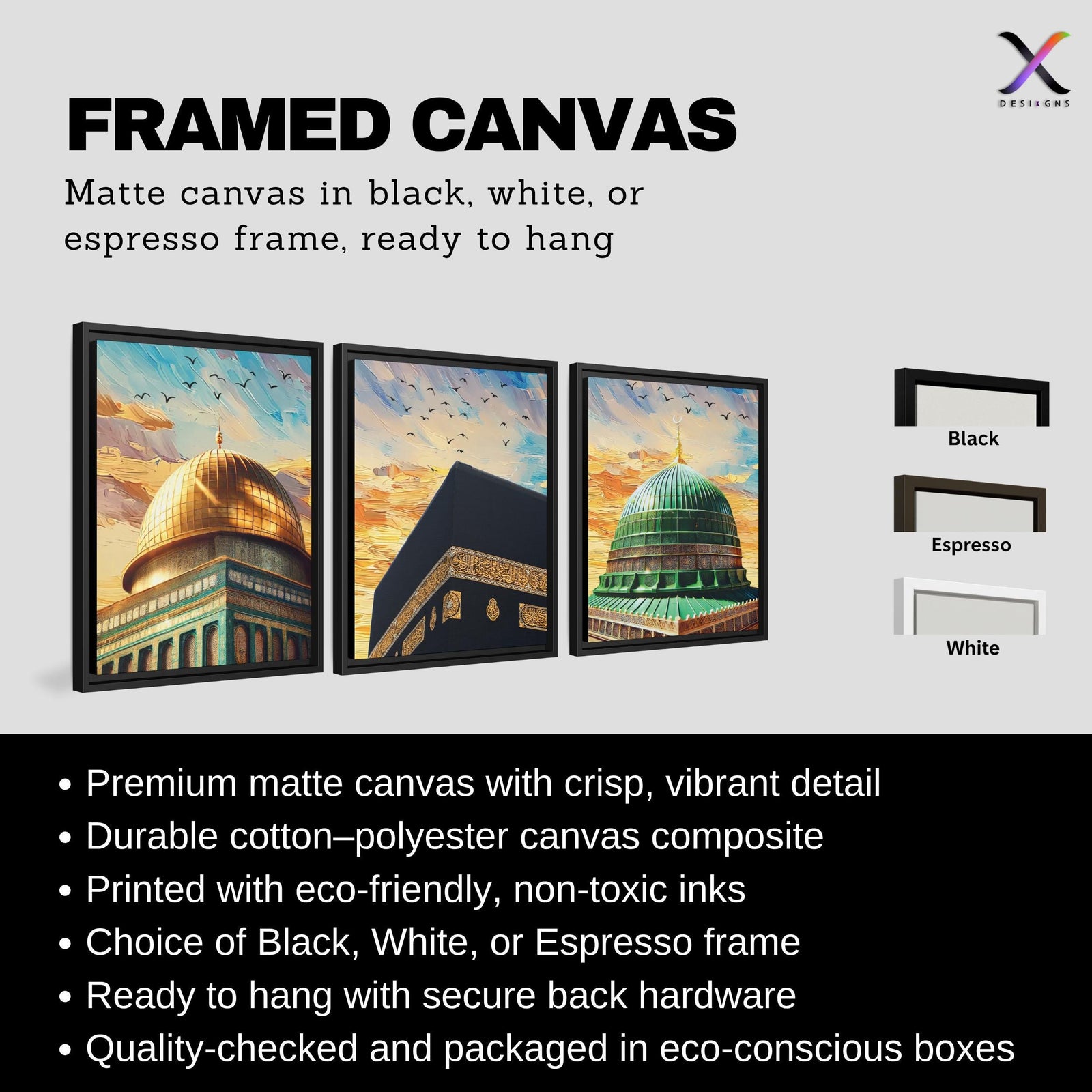 Set of 3 framed canvas triptych showing close-up domes of the Dome of the Rock, Kaaba and Al-Masjid An-Nabawi in bold impressionist brushstrokes with vibrant blue and golden skies and birds in flight.