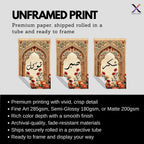 Set of 3 framed canvas triptych featuring Sabr, Shukr and Tawakkul Arabic calligraphy on ornate golden Islamic arches with vibrant floral bouquets in warm tones, displayed above a neutral sofa in a modern living room.