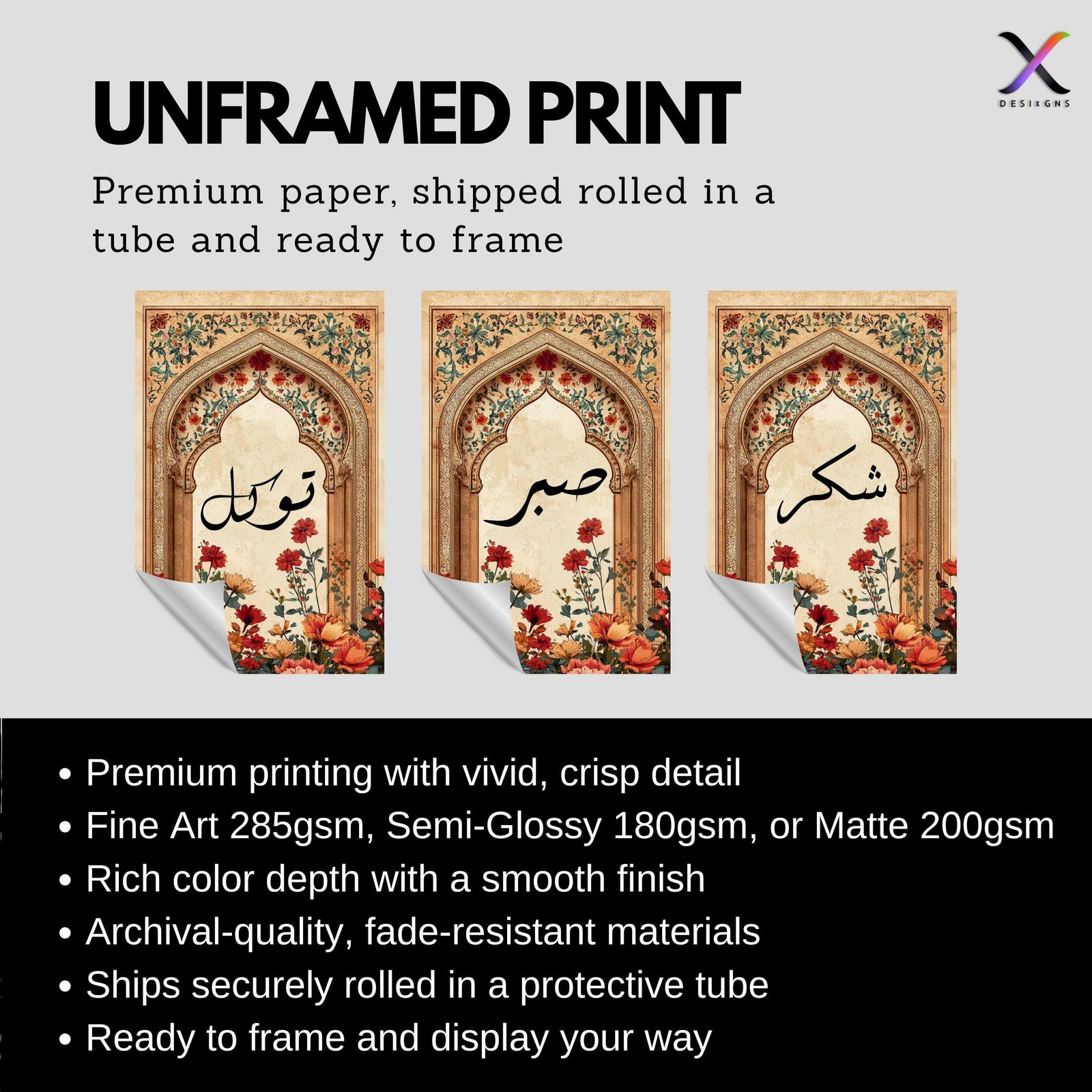 Set of 3 framed canvas triptych featuring Sabr, Shukr and Tawakkul Arabic calligraphy on ornate golden Islamic arches with vibrant floral bouquets in warm tones, displayed above a neutral sofa in a modern living room.