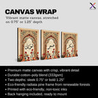 Set of 3 framed canvas triptych featuring Sabr, Shukr and Tawakkul Arabic calligraphy on ornate golden Islamic arches with vibrant floral bouquets in warm tones, displayed above a neutral sofa in a modern living room.