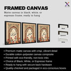 Set of 3 framed canvas triptych featuring Sabr, Shukr and Tawakkul Arabic calligraphy on ornate golden Islamic arches with vibrant floral bouquets in warm tones, displayed above a neutral sofa in a modern living room.