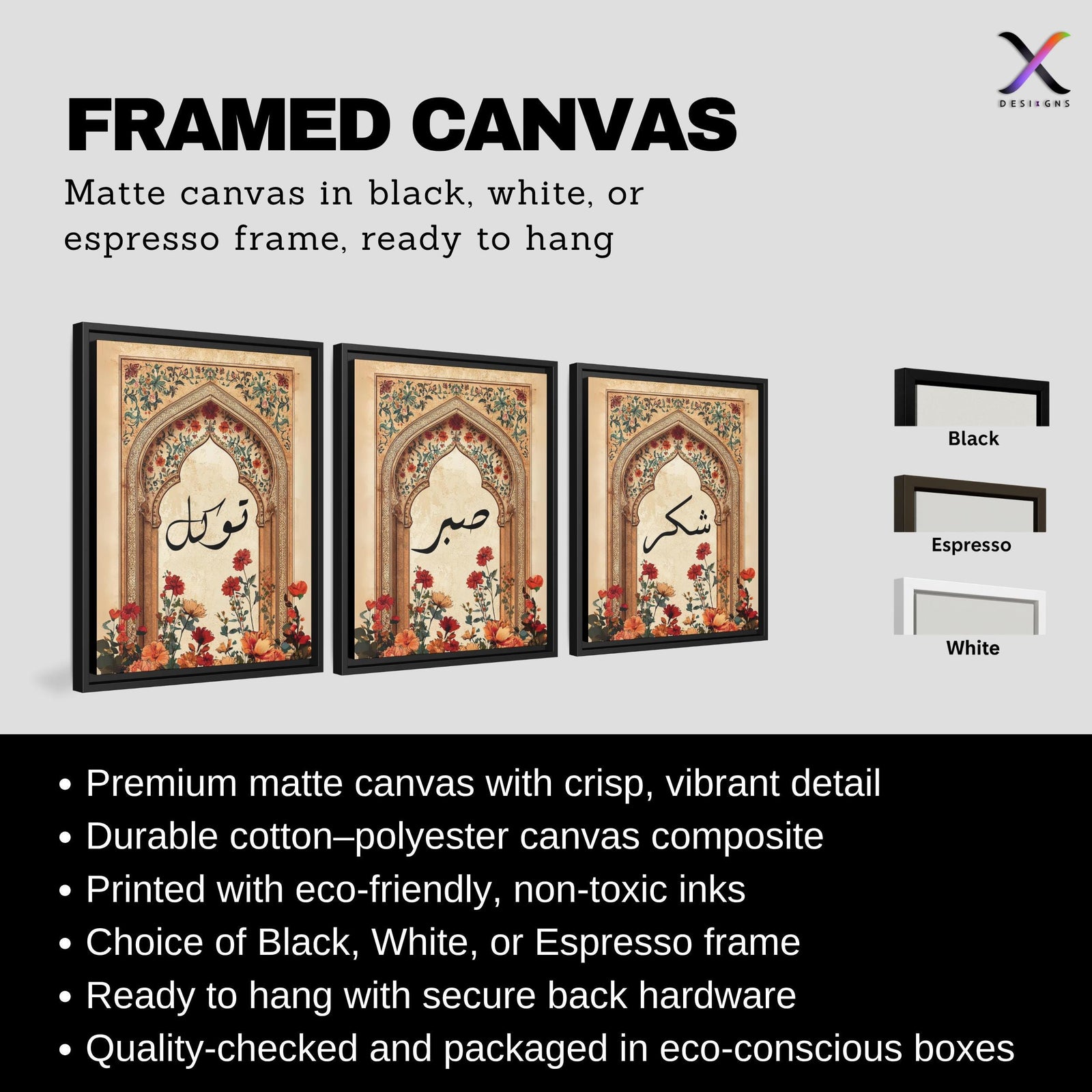 Set of 3 framed canvas triptych featuring Sabr, Shukr and Tawakkul Arabic calligraphy on ornate golden Islamic arches with vibrant floral bouquets in warm tones, displayed above a neutral sofa in a modern living room.