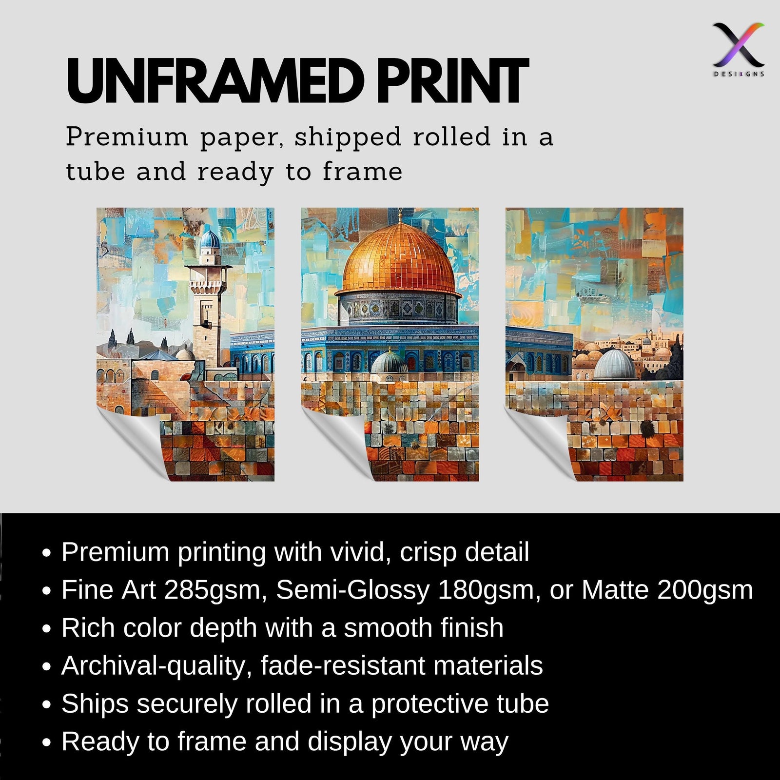 Set of 3 framed canvas triptych depicting Masjed Al Aqsa and the Dome of the Rock in Jerusalem in a bold mosaic patchwork style with warm terracotta and teal tones, displayed above a neutral sofa.