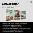 Set of 3 framed canvas triptych depicting Masjed Al Aqsa and the Dome of the Rock in Jerusalem in a bold mosaic patchwork style with warm terracotta and teal tones, displayed above a neutral sofa.