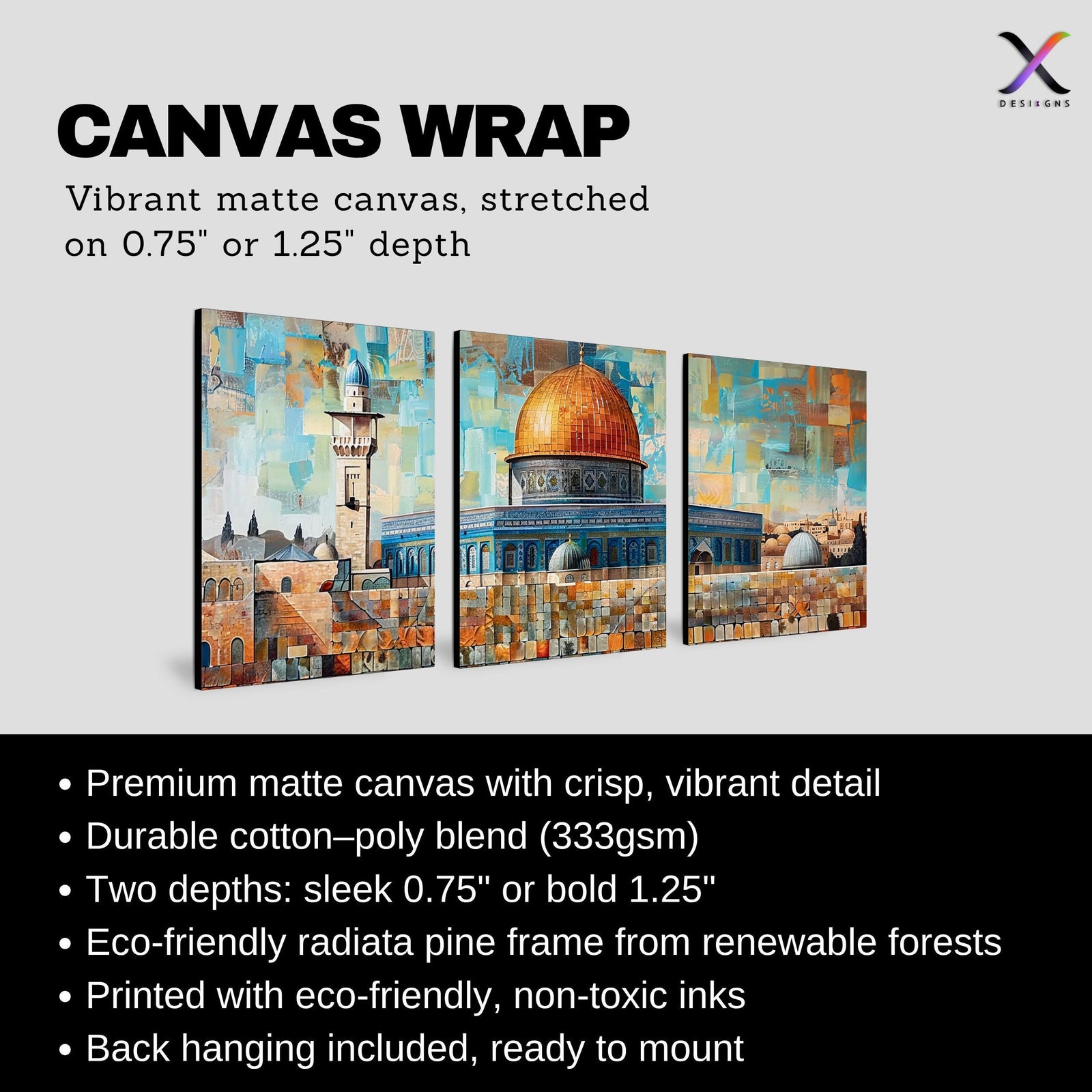 Set of 3 framed canvas triptych depicting Masjed Al Aqsa and the Dome of the Rock in Jerusalem in a bold mosaic patchwork style with warm terracotta and teal tones, displayed above a neutral sofa.