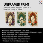 Set of 3 framed canvas triptych with Sabr, Tawakkul and Shukr in Arabic calligraphy inside green, purple and terracotta Mughal arches surrounded by intricate botanical florals on a cream parchment background.