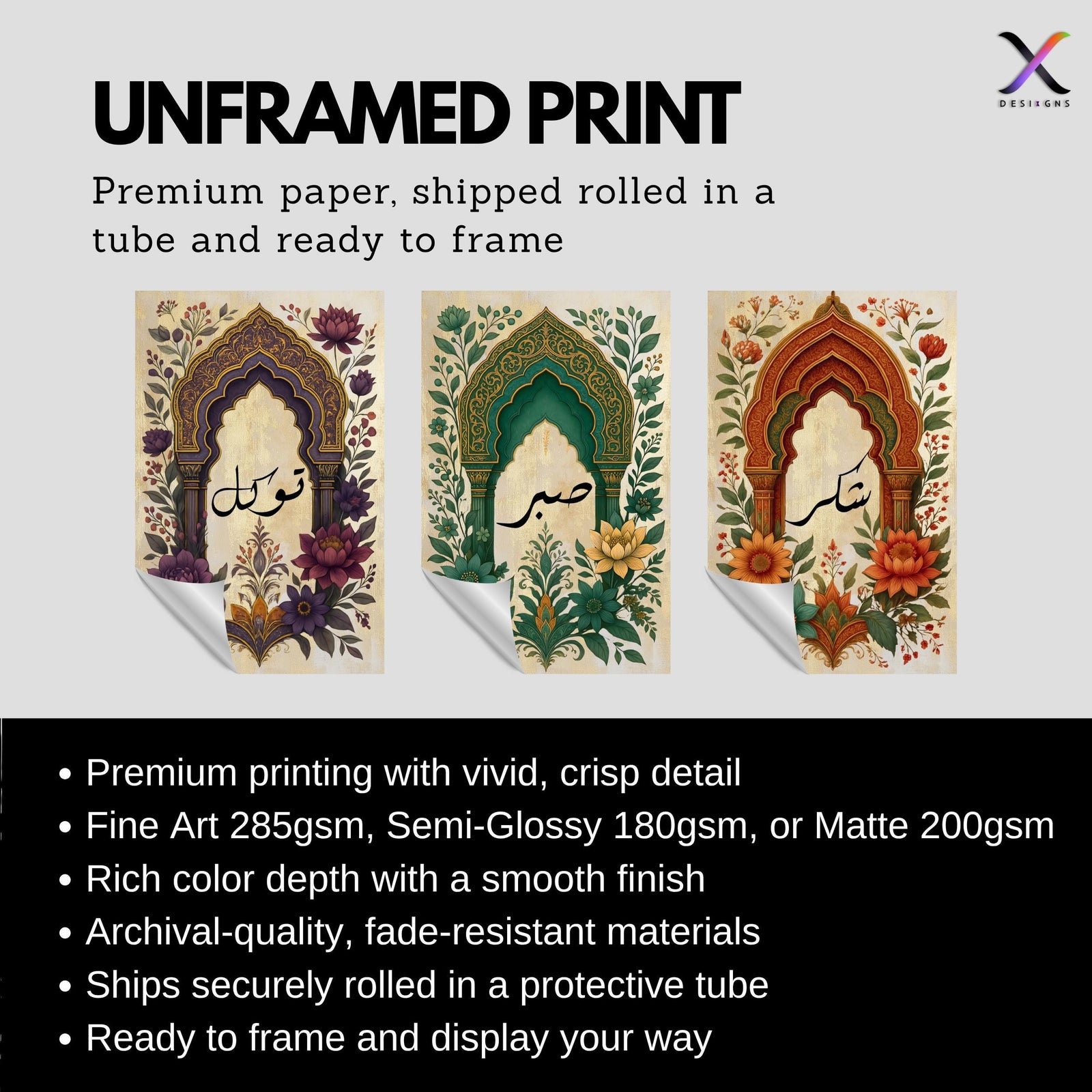 Set of 3 framed canvas triptych with Sabr, Tawakkul and Shukr in Arabic calligraphy inside green, purple and terracotta Mughal arches surrounded by intricate botanical florals on a cream parchment background.
