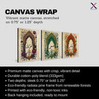 Set of 3 framed canvas triptych with Sabr, Tawakkul and Shukr in Arabic calligraphy inside green, purple and terracotta Mughal arches surrounded by intricate botanical florals on a cream parchment background.