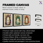 Set of 3 framed canvas triptych with Sabr, Tawakkul and Shukr in Arabic calligraphy inside green, purple and terracotta Mughal arches surrounded by intricate botanical florals on a cream parchment background.