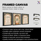 Set of 3 framed canvas triptych with Surah Al-Rahman, large Bismillah calligraphy and Surah Al-Fatiha inside vibrant green and pink Mughal floral arches on a warm cream background, displayed above a neutral sofa.