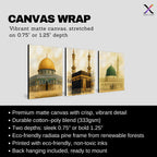 Set of 3 framed canvas triptych depicting the Dome of the Rock, the Kaaba and Al-Masjid An-Nabawi in a soft antique sepia and gold manuscript style, displayed above a neutral sofa in a modern living room.