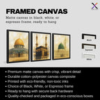 Set of 3 framed canvas triptych depicting the Dome of the Rock, the Kaaba and Al-Masjid An-Nabawi in a soft antique sepia and gold manuscript style, displayed above a neutral sofa in a modern living room.