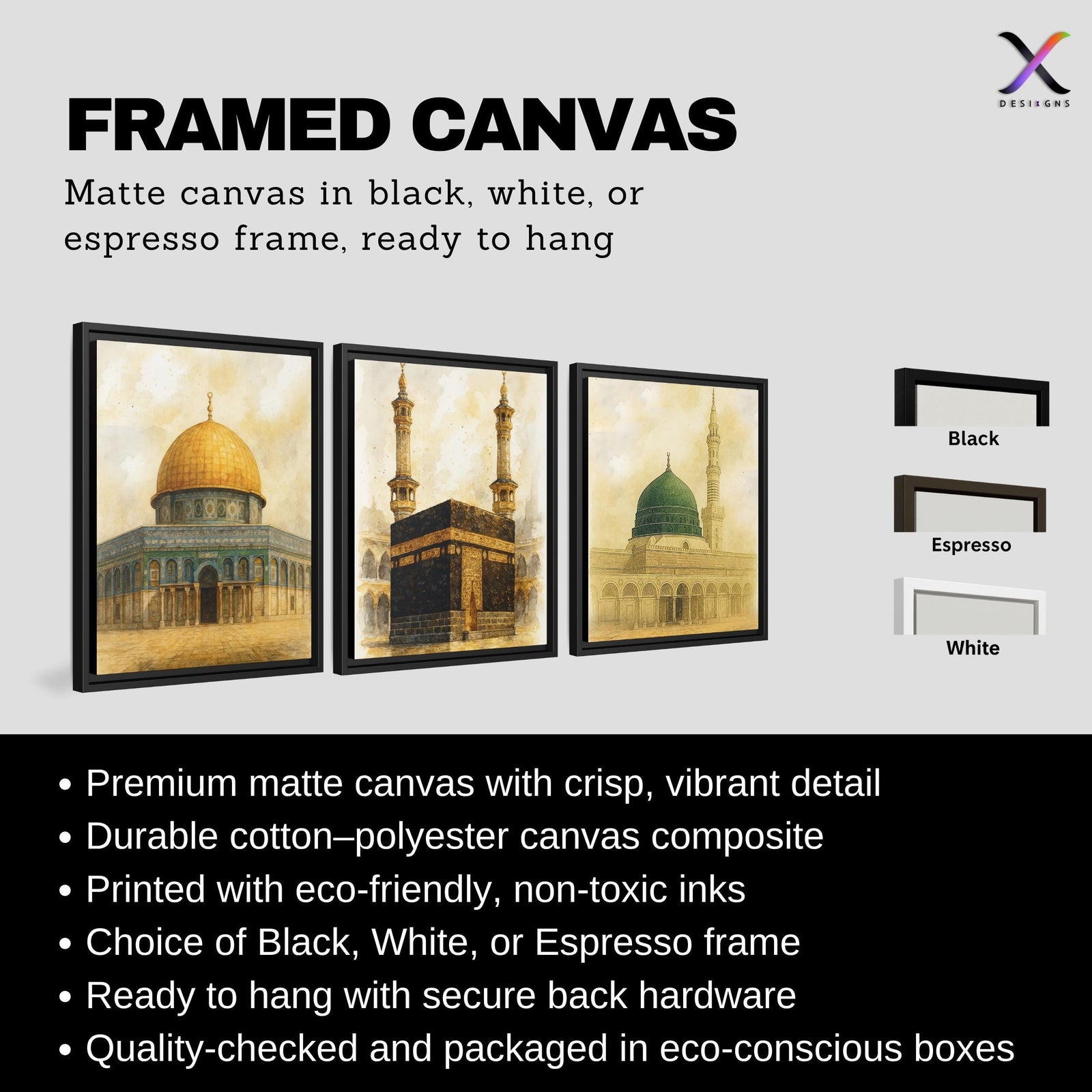 Set of 3 framed canvas triptych depicting the Dome of the Rock, the Kaaba and Al-Masjid An-Nabawi in a soft antique sepia and gold manuscript style, displayed above a neutral sofa in a modern living room.